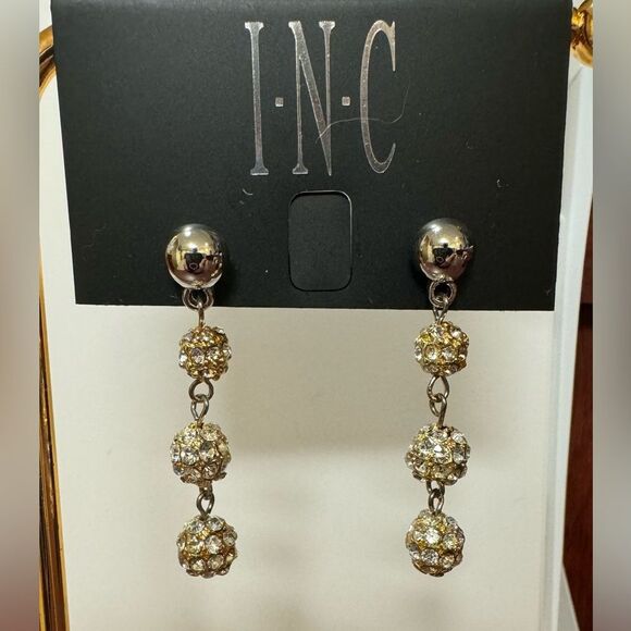INC Gold and Silver Tone Crystal Disco Ball Post Dangle Earrings - Picture 1 of 5